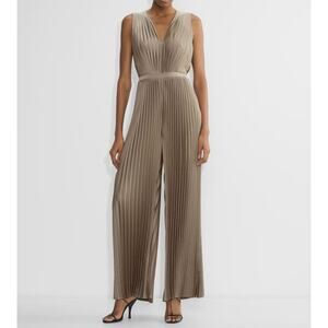 Aritzia Babaton Mutual Satin wide leg taupe pleated sleeveless jumpsuit 10